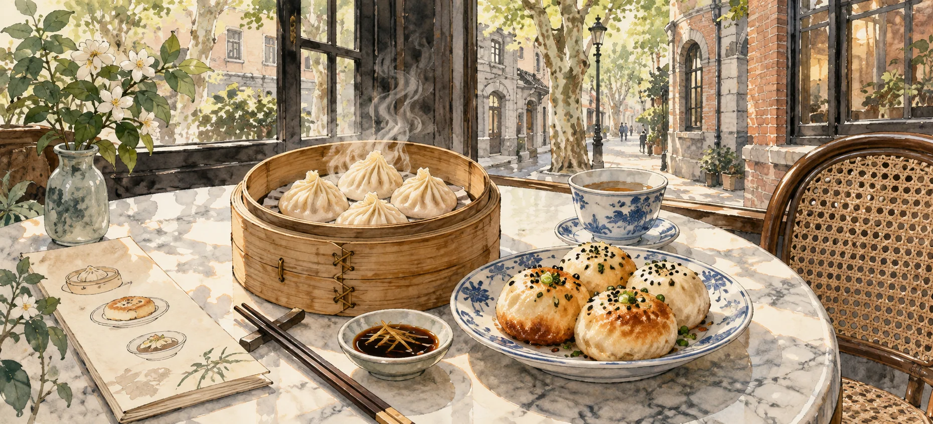 Ink-and-wash illustration of Shanghai soup dumplings, pan-fried buns and tea by a lane-house window.