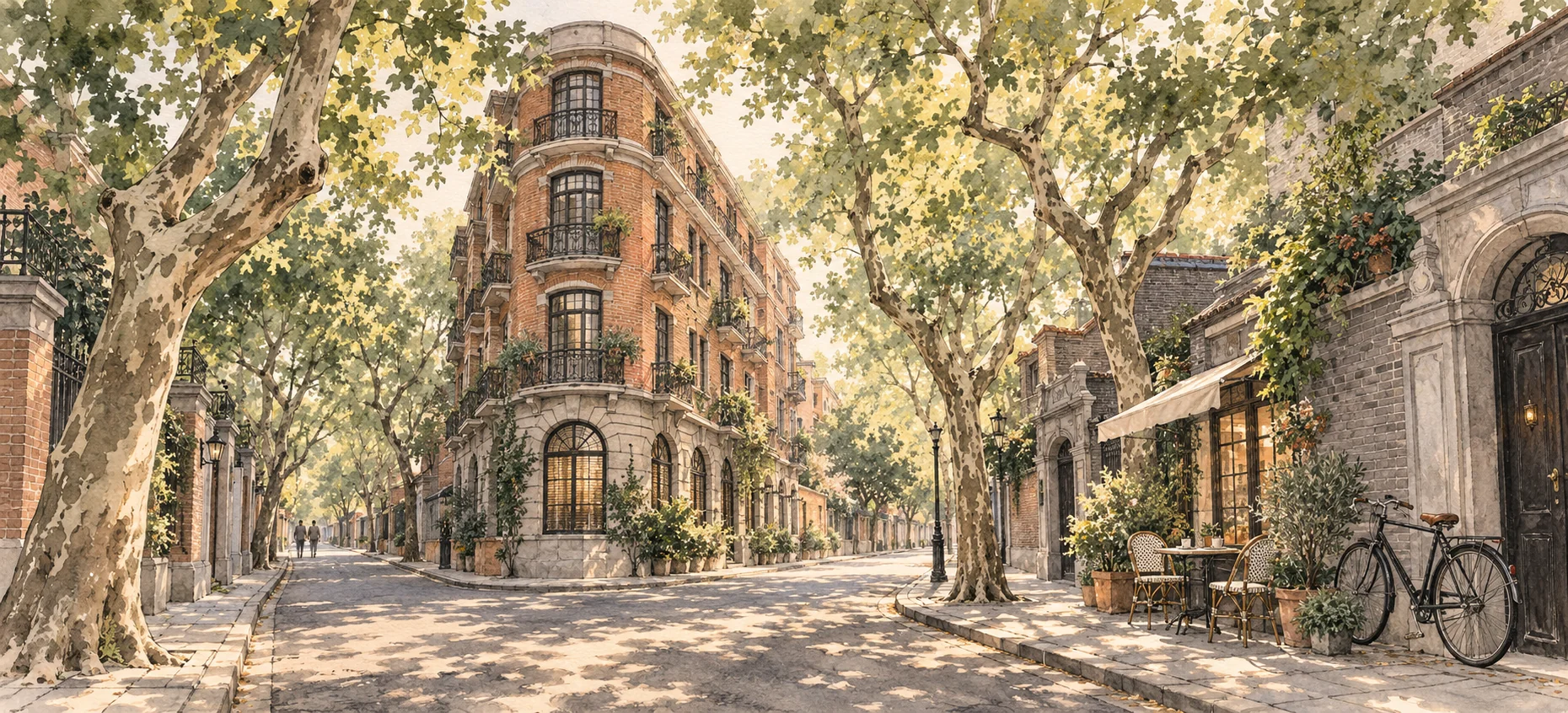 Ink-and-wash illustration of a leafy Shanghai street with red-brick apartments, a café and a bicycle.